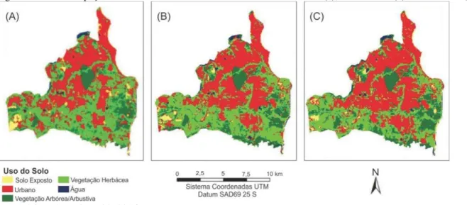 Figura 3- Uso e ocupação do solo na cidade de João Pessoa em 5/11/1991 (a), 26/08/2006 (b) e 8/10/2010 (c).