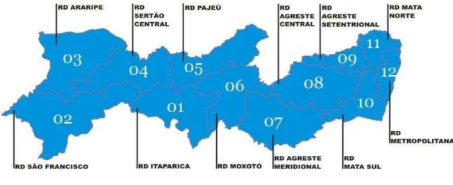 Figura 2 - Mapa das 12 Regiões de PE onde foram realizados os Seminários Regionais  Todos por Pernambuco 