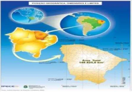 Figura 1 - Localização da cidade de Fortaleza no Estado do Ceará -   Posição Geográfica, Dimensões e Limites 