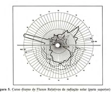 Figura zyxwvutsrqponmlkjihgfedcbaZYXWVUTSRQPONMLKJIHGFEDCBA  5. Curso diurno de Fluxos Relativos de radiação solar (parte superior) e valores  correspondentes de Área Foliar Acumulada (parte inferior) em coordenadas polares. Segunda  vertical, Classe III. 