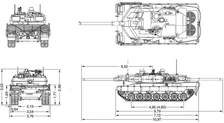 Figura 4: Leopard 2A6 (Quando montado o dispositivo rotativo de sinalização com extensão passa a 3,75m)  Fonte: PTE (MT) 23-2350 CARRO DE COMBATE LEOPARD 2 A6