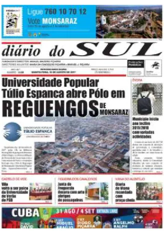 Figura 24. Capa do Jornal Diário do Sul. Destaque para a abertura do Polo de Reguengos de Monsaraz da UPTE  