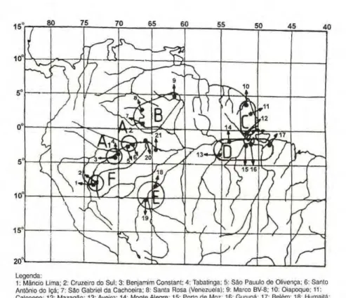 Figura 1.zyxwvutsrqponmlkjihgfedcbaZYXWVUTSRQPONMLKJIHGFEDCBA  Mapa da parte norte da América do Sul, mostrando a bacia amazônica, com as regiões  (A,, A2 , B, C, D, Ε  c F) e os municípios (Legenda), onde as coletas de timbós foram realizadas.  o pó das r