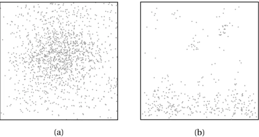 Figure 4.2: Two examples of statistically inhomogeneous media. (a): Density of the gray phase decreases radially from the center.(b): Density of the gray phase decreseas in the upward direction.
