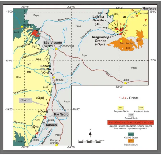 Figure 3.2 - Geological sketch map of the granites in the Mato Grosso, Mato Grosso do Sul and Goiás.