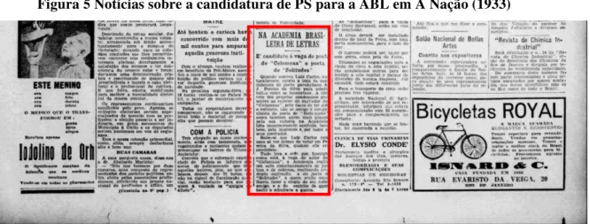 Figura 5 Notícias sobre a candidatura de PS para a ABL em A Nação (1933)