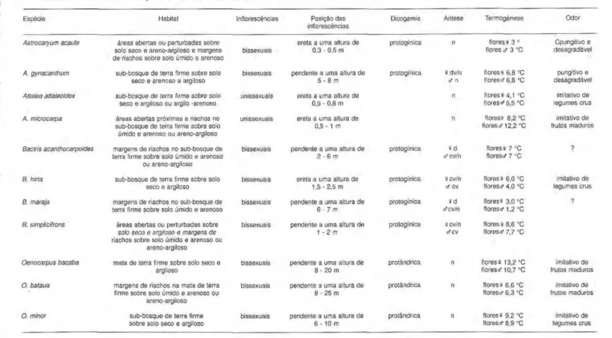 Tabela 5. zyxwvutsrqponmlkjihgfedcbaZYXWVUTSRQPONMLKJIHGFEDCBA  Características das espécies de Arecaceae