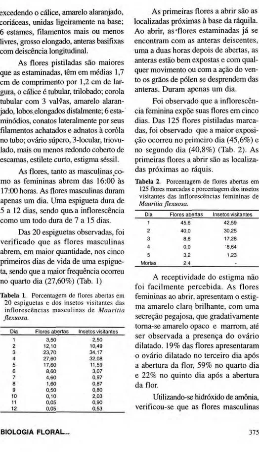 Tabela 1. Porcentagem de flores abertas em  20 espiguetas e dos insetos visitantes das  inflorescências masculinas de Mauritia 