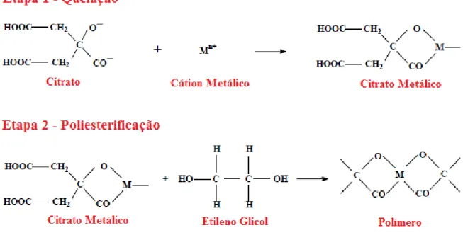 Figura  3.2.    Representação  esquemática   das  reações  de    poliesterificação  pelo  método  Pechini 