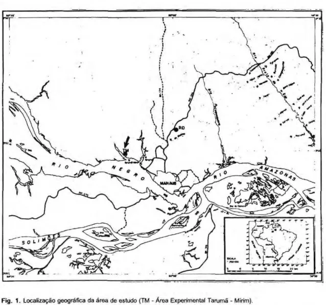 Fig.  1 . Localização geográfica da área de estudo (TM - Área Experimental Tarumã - Mirim)