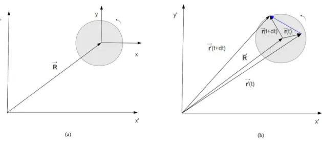 Figure 2.1: (a) Neste esquema podemos observar o referencial fixo (x ′ , y ′ ) e o referencial girante (x,y), que tem origem no centro do disco e velocidade angular ~ ω = d ~ θ/dt 