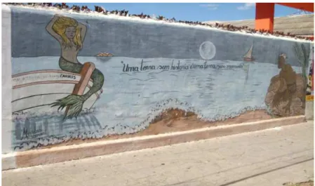 Fig. 6 Pintura em muro de Juazeiro/BA que retrata lendas do rio São Francisco. A inscrição  diz: “Uma terra sem história é uma terra sem memória”