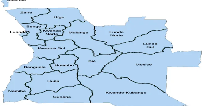 Figura 1. Províncias de Angola. Fonte: http:/www.angolaconsulate-ca.org/v2/geografia,  consultado em: 22 de Fevereiro de 2019