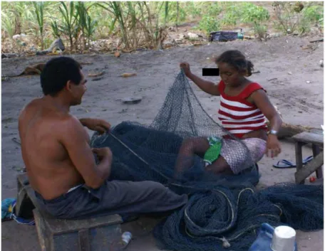 Figura 06. Exemplo de mudança no padrão sexual da pesca no estuário do rio Mamanguape,  PB:  Pescadora  da  comunidade  de  Aritingui  realizando  o  conserto  da  rede  de  pesca  com  o  auxilio de seu companheiro