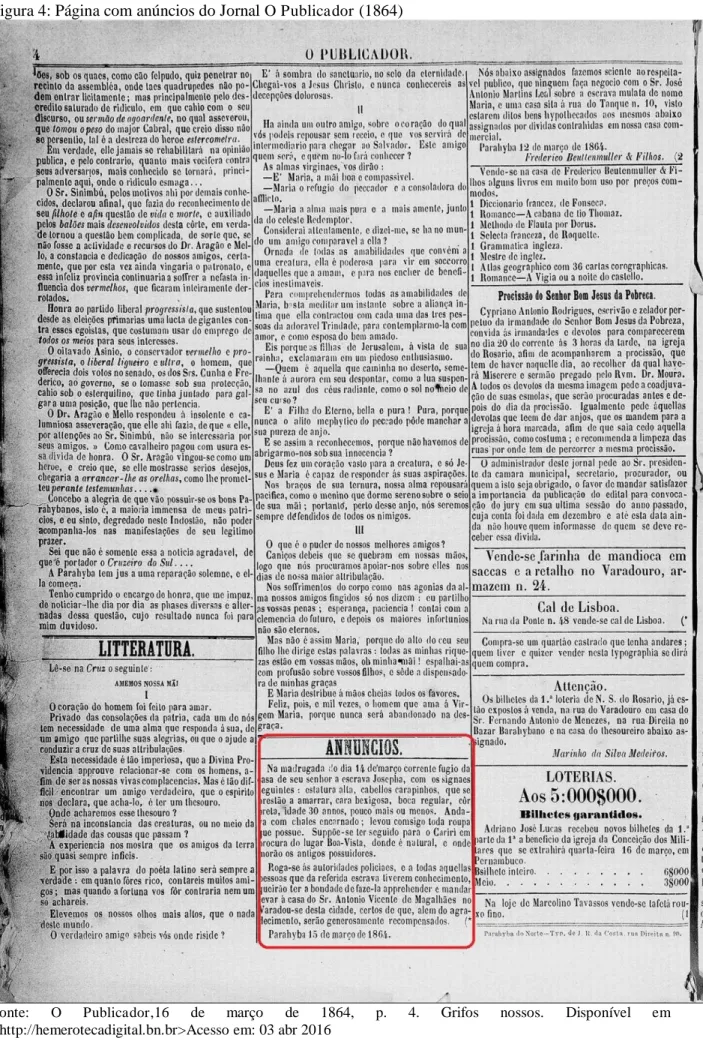 Figura 4: Página com anúncios do Jornal O Publicador (1864) 