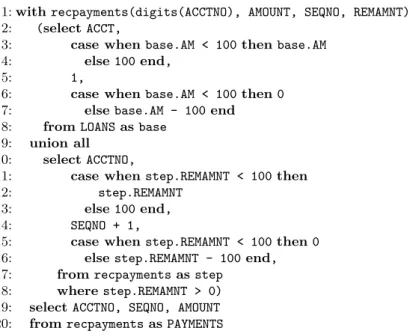 Figure 4: RDBMS implementation of Example 2.2 as a recursive query in SQL:1999.