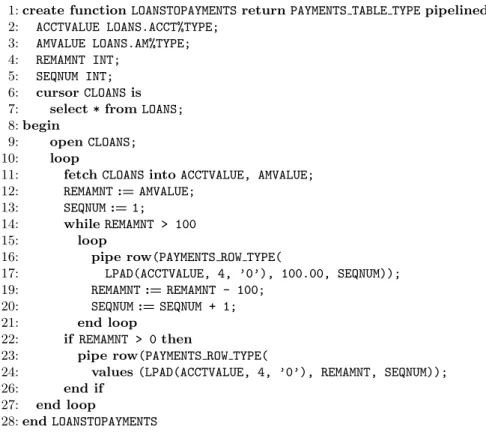 Figure 5: Possible RDBMS implementation of Example 2.2 as a table function using Oracle PL/SQL