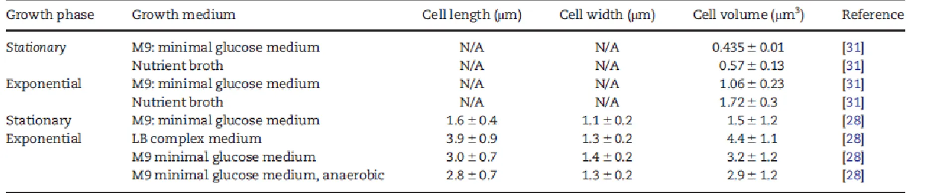 Table 2.  Volume of an  E. coli  cell in different stages of growth and media. Volumes from [31] were determined for  E