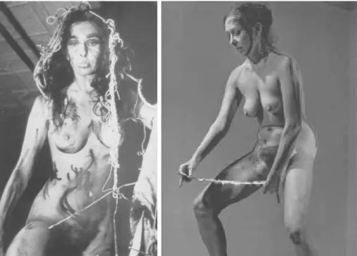 Fig.  17.  À  esquerda:  fotografia  de  performance  Interior Scroll,  Carolee  Schneemann,  Long  Island,  1975; 