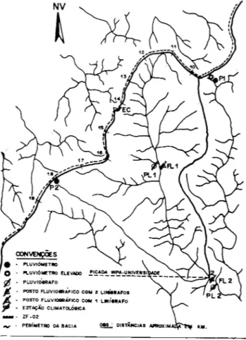 Fig.  1  - Distribuii;:ao  dos  postos  hidrometricos  na  Ba- Ba-cia  do  rio  Taruma-Ai;:u