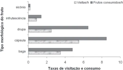 Tabela 2.  Lista das plantas ornitocóricas acompanhadas sistematicamente no mosaico vegetacional em Rio Claro, São Paulo, seguida das informações sobre  disponibilidade temporal dos frutos, tempo de observação e detalhes de visitação e consumo.