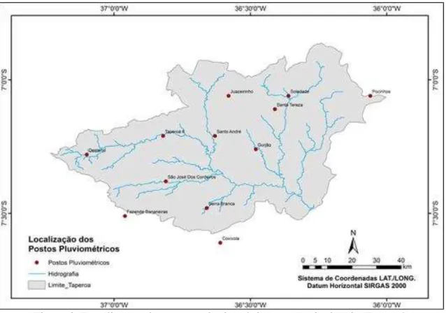 Figura 2. Localização dos postos pluviométricos na Bacia do Rio Taperoá. 