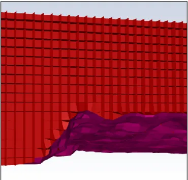 Figure 10 – Detailed view of the hexahedral mesh showing the  elements that define the interior fluid (red) and the land surface 