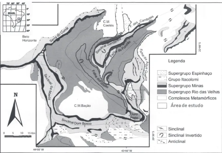 Figura 1. Mapa geológico simplifi cado do Quadrilátero Ferrífero (Dorr 1969) modifi cado por Alkmin &amp; Marshak (1998), indicando a área de estudo.