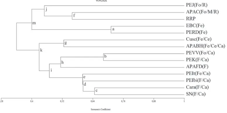 Tabela 3. Matriz de similaridade de Pteridófitas entre 14 áreas da Floresta Atlântica, utilizando índice de Sørensen e algoritimo WPGMA