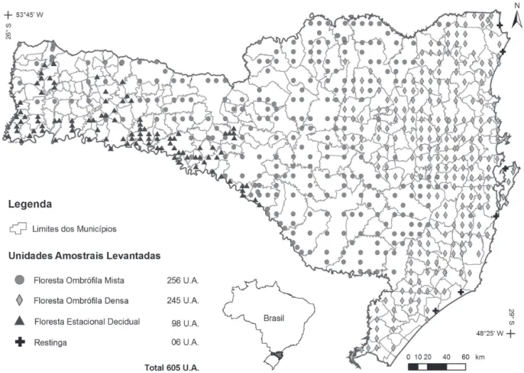 Figura 1. Localização das Unidades Amostrais (UA’s) do Inventário Florístico Florestal de Santa Catarina e suas respectivas regiões fi toecológicas.