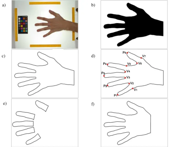 Figura  9.  Processo  de  segmentação  da  mão.  a)  Imagem  do  lado  dorsal;  b)  mão  após  limiarização; c) contorno extraído; d) pontos para segmentação dos dedos: picos, vales e pontos  auxiliares; e) dedos segmentados; f) mão segmentada