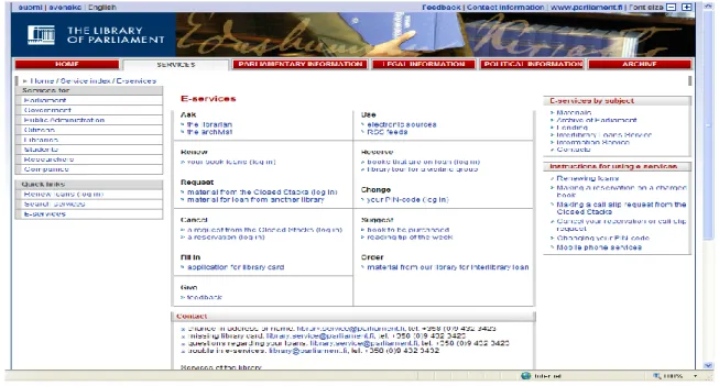 Fig. 1 – E-services – página Web da Biblioteca do Parlamento Finlandês 