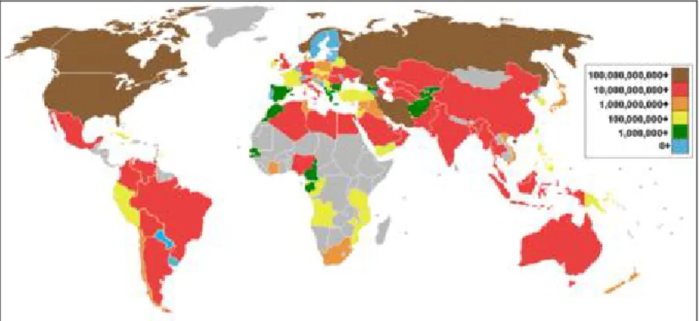 Figura 14. Produção de gás natural por países (países em castanho e vermelho são os maiores produtores mundiais)  Fonte: Wikipédia 59