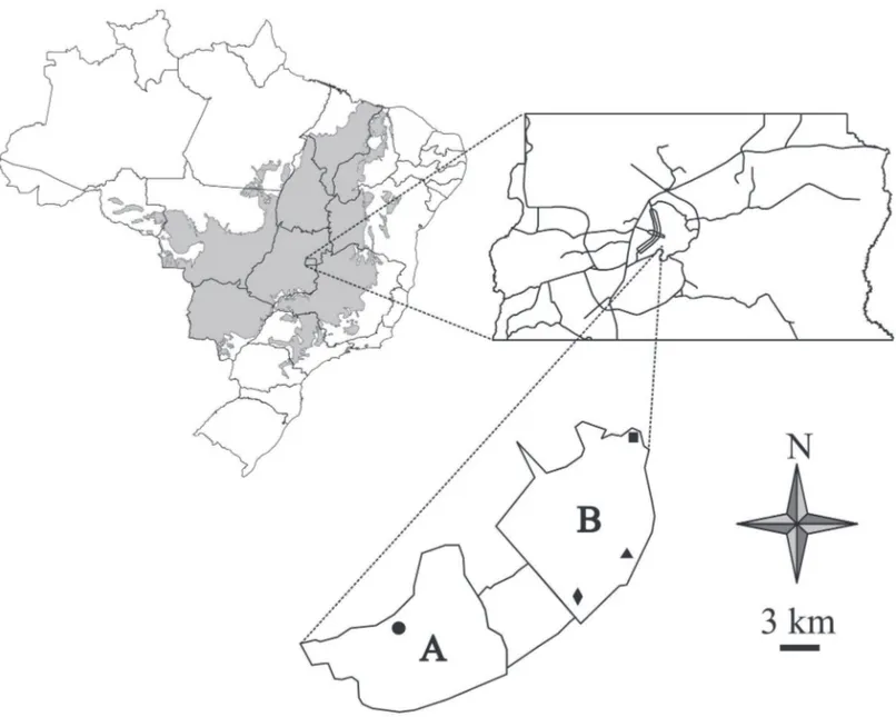 Figura 1.  Mapa contendo as localizações das duas áreas de estudo em Brasília, DF, no Brasil central, onde (A) representa a Fazenda Água Limpa (FAL) e (B) o  Jardim Botânico de Brasília (JBB)