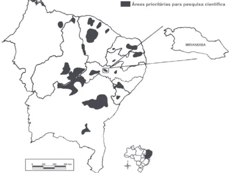 Figura 1.  Mapa da região Nordeste do Brasil, destacadas as áreas prioritárias para conservação da Caatinga, e detalhe para o município de Mirandiba, Pernambuco, Brasil.