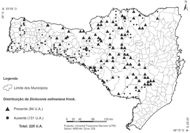 Figura 1. Localização das Unidades Amostrais instaladas no planalto e oeste do estado de Santa Catarina.