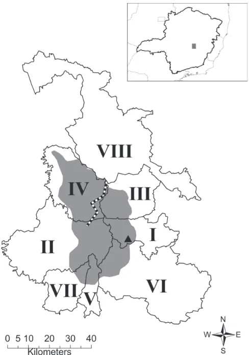 Figura 1.  Localização aproximada da Serra do Cipó, que corresponde à área em cinza nos municípios de Itambé do Mato Dentro (I), Jaboticatubas (II), Morro 