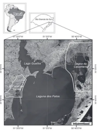 Figura 1. Mapa da localização das áreas de estudo, Lagoa do Casamento e Butiazal de Tapes, Planície Costeira do Rio Grande do Sul.