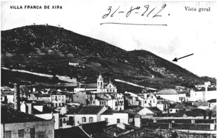Fig. 1 – Vista geral de Vila Franca de Xira, com os relevos de Monte Gordo. Postal  com  data  aposta  de  31-08-1912  (Arquivo  do  MMVFXira)