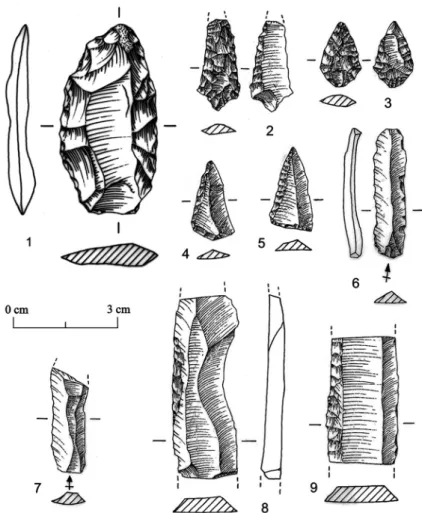 Fig.  6 – Artefactos  de  pedra  lascada:  1 – lâmina  foliácea;  2  e  3 – pontas  de  seta; 