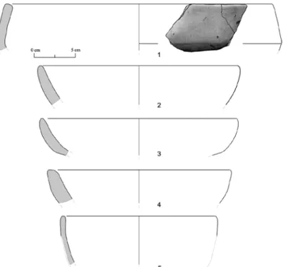 Fig. 11 – 1 – recipiente carenado; 2 a 5 – taças em calote(desenhos de I. Conde).