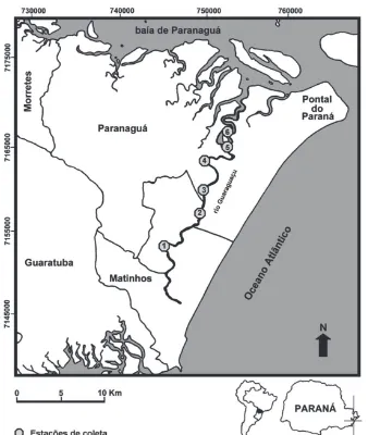 Figura 1. Localização do rio Guaraguaçu no litoral paranaense e estações de  amostragem.