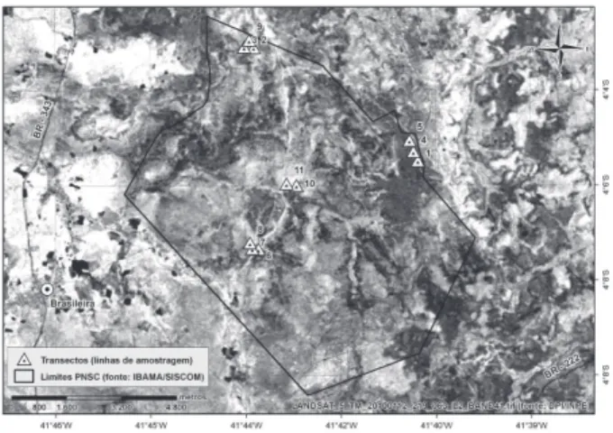 Figura 1. Localização dos trechos de mata de galeria amostrados ao longo do  Parque Nacional de Sete Cidades (PNSC), Piauí, Brasil