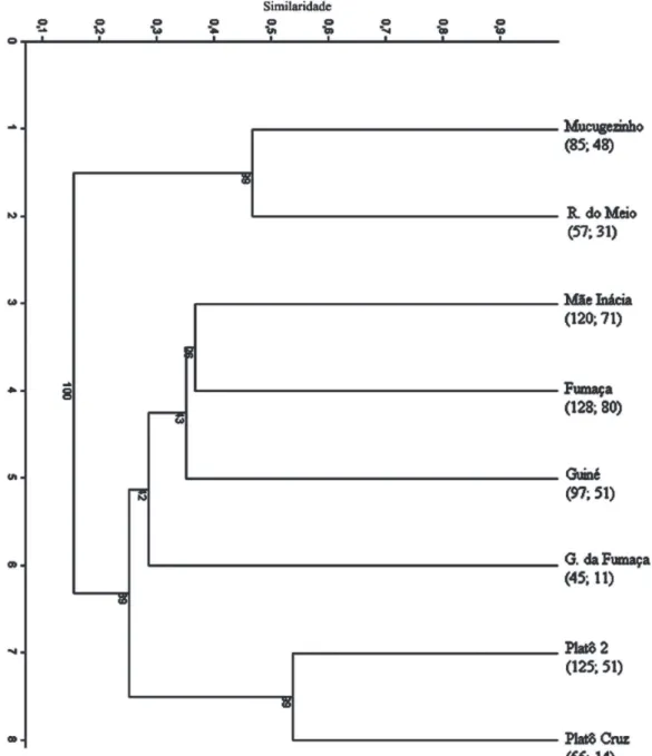 Figura 3. Dendrograma de similaridade de Jaccard incluindo as espécies que ocorreram em mais de um dos oito locais da Chapada Diamantina que foram compara- compara-dos: Morro do Pai Inácio (Platô Cruz e Platô Dois), Mãe Inácia, Fumaça, Gerais da Fumaça (G