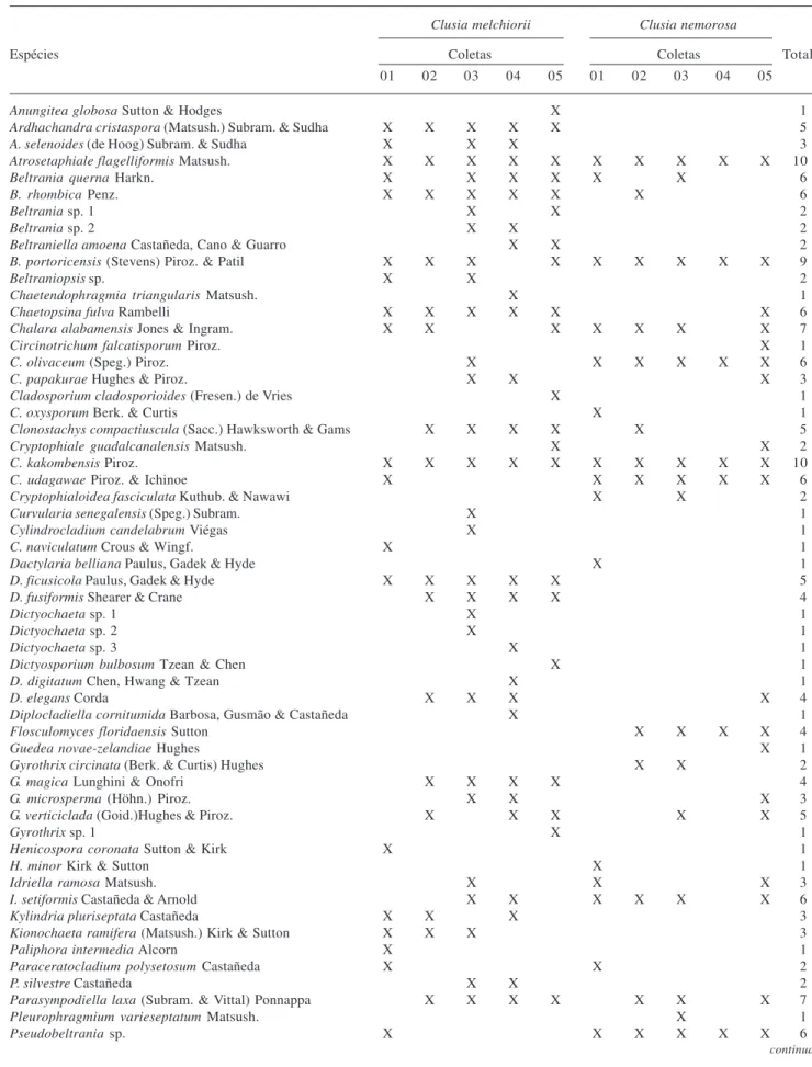 Tabela 1. Fungos conidiais identificados em folhedo de C. melchiorii Gleason e C. nemorosa G