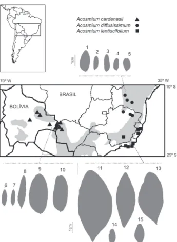 Figura 4. Mapa de distribuição das espécies de Acosmium Schott. São apresentados perfis de folíolos para ilustrar a variação encontrada nas três espécies, cujos números correspondem às seguintes coleções: