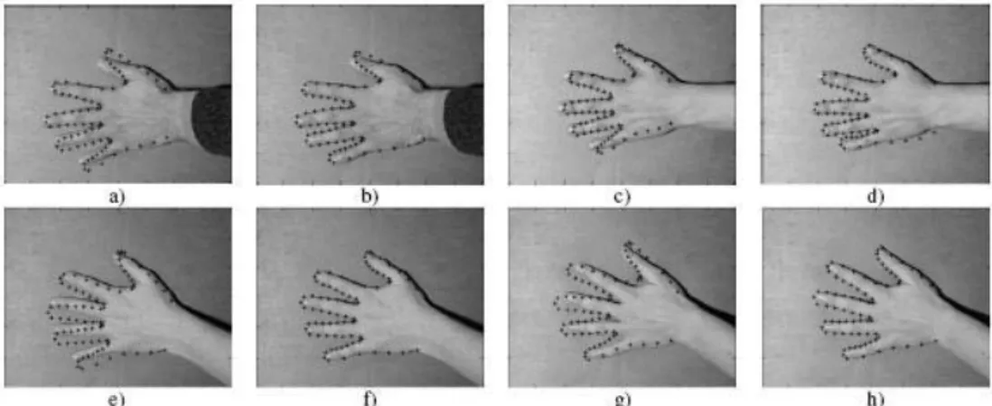 Figure 6.  New images with initial position of the mean shape model built overlapped (a, c, e, g) and the  final results of the segmentation process (b, d, f, h) using an active shape model