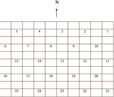 Figura 1. Representação de um quadrado subdividido em 100 parcelas de 10×10 m. Os números representam a distribuição dos 25 coletores de sementes em um fragmento de Floresta Estacional Semidecidual em Viçosa, MG, Brasil.