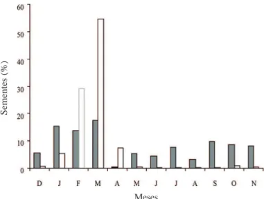 Figura 2. Porcentagem de sementes coletadas em 25 coletores de sementes, entre dezembro/2004 e novembro/2006, em fragmento de Floresta Estacional Semidecidual em Viçosa, MG, Brasil (   = Ano 1;    = Ano 2).