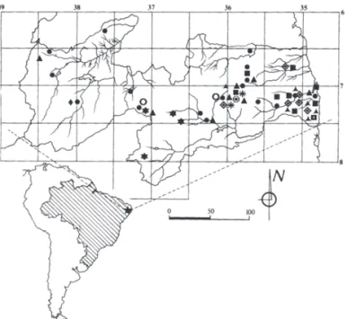 Figura 47. Mapa de distribuição geográfica de Solanum na Paraíba, Brasil: S.  palinacanthum Dunal (),  S